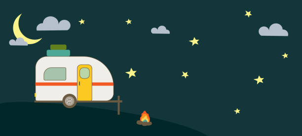 ilustrações, clipart, desenhos animados e ícones de trailer de campista estilo desenho animado e banner night sky - mobile home camping isolated vehicle trailer