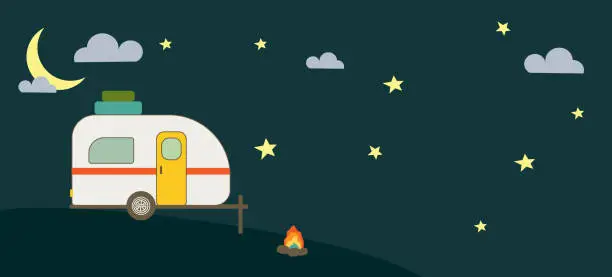 Vector illustration of Cartoon Style Camper Trailer and Night Sky Banner