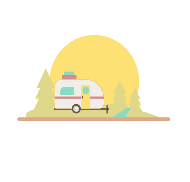 ilustrações, clipart, desenhos animados e ícones de camper trailer forest e sun v1 - mobile home camping isolated vehicle trailer