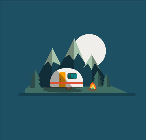 ilustrações, clipart, desenhos animados e ícones de camper trailer mountains e moon v2 - mobile home camping isolated vehicle trailer