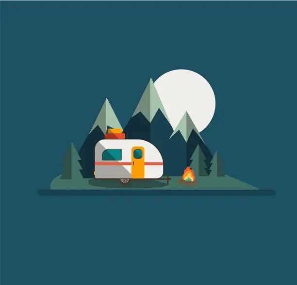 Vector illustration of Camper Trailer Mountains and Moon V1