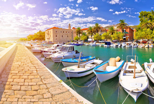 kastel luksic harbor and landmarks summer view - sea commercial dock harbor bay imagens e fotografias de stock