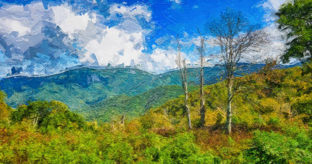 ブルーリッジパークウェイに沿って見たアパラチア山脈の秋の印象派スタイルのアートワーク - blue ridge parkway mountain mountain range forest点のイラスト素材／クリップアート素材／マンガ素材／アイコン素材