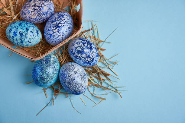 istock Blue cosmos chicken eggs lie in round wooden basket which stands on a blue background. 1205100498