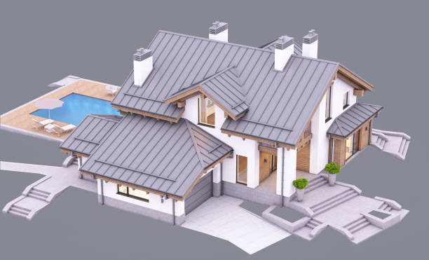 istock 3d rendering of modern house in chalet style at evening isolated on gray 1205100760