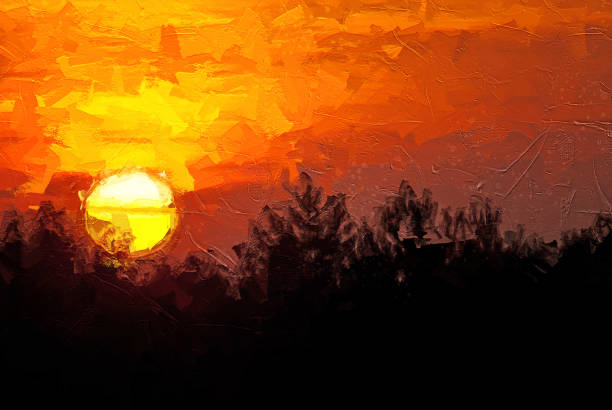 istock Impressionistic Style Artwork of the Sun Setting in a Smoky Western Sky 1205100770