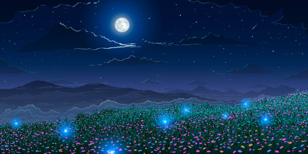Vector spring landscape background. Mountains and flowering meadows with glowworms at moonlight night. Vector spring landscape background. Mountains and flowering meadows with glowworms at moonlight night. moonlight illustrations stock illustrations