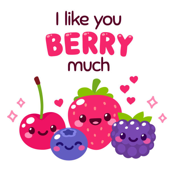 I Like You Berry Much Kawaii smiling berries with text lettering I Like You Berry Much. Funny fruit pun illustration for Valentines day greeting card design. Cute and simple doodle style drawing. fruit clipart stock illustrations
