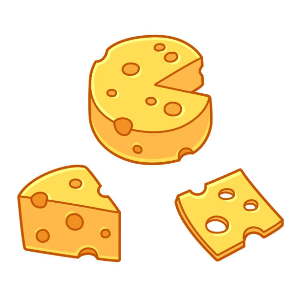 Cartoon cheese set Cartoon set of cheese. Triangle piece, cut wheel circle and slice. Yellow swiss cheese with holes in simple, cute hand drawn style. Isolated vector illustration collection. swiss cheese slice stock illustrations