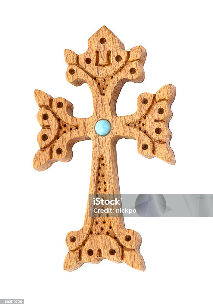 Cruz de madeira esculpida, decorado com miçangas turquesa - Foto de stock de Antigo royalty-free