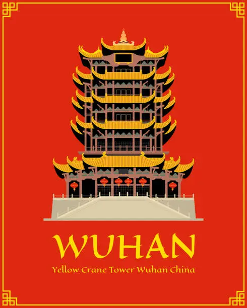 Vector illustration of Yellow Crane Tower in Wuhan. Famous landmark in China. Traditional and ancient Chinese multi-storey tower. Famous tourists building.