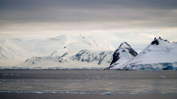 paysages de montagne enneigés avec des icebergs dans l’océan à l’antarctique. - pôle sud photos et images de collection