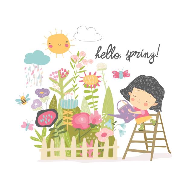 Happy girl watering flowers from a watering can in his garden Happy girl watering flowers from a watering can in his garden. Vector illustration bee water stock illustrations