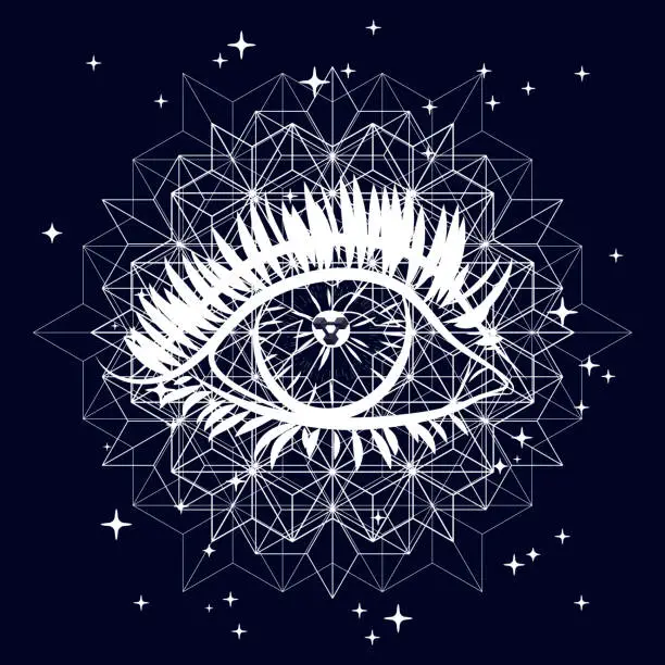 Vector illustration of Mystical illustration with an eye. Suitable for illustrating mysterious phenomena, esotericism, horoscopes, mysticism, sacred knowledge.