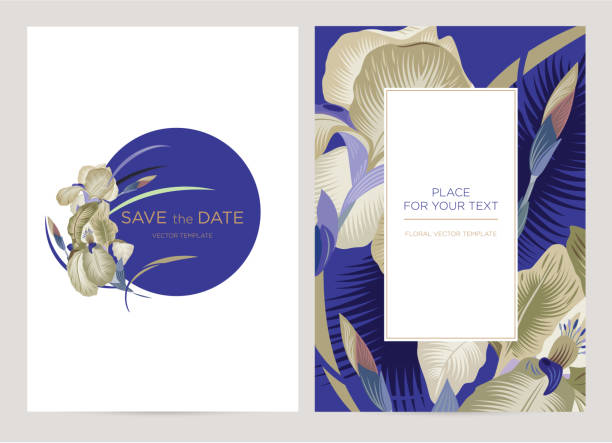 Wedding invitation card with irises. Spring flowers on a blue background. Vector template for the invitation, shop, beauty salon, spa. blue iris stock illustrations