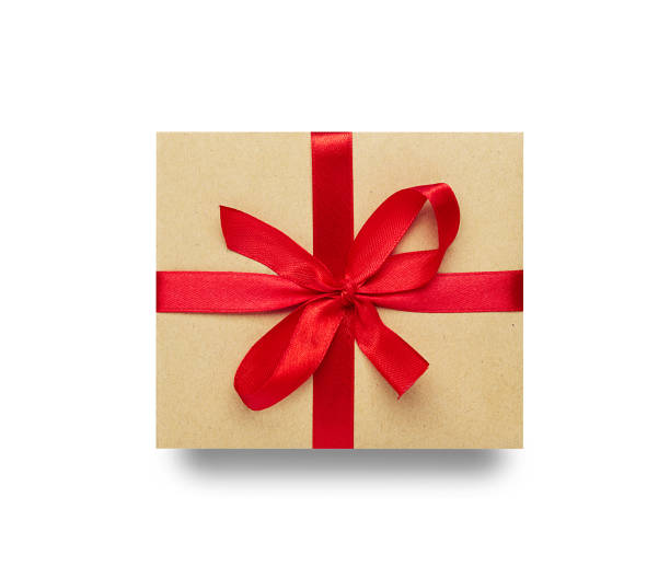 istock Wrapped vintage gift box with red ribbon bow, isolated on white background 1205112291
