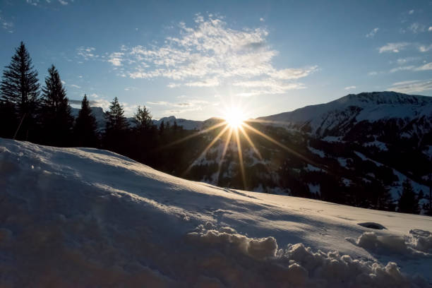 Mountain Panorama in the Swiss Alps at Sunset, Lenk, Berne. stock photo