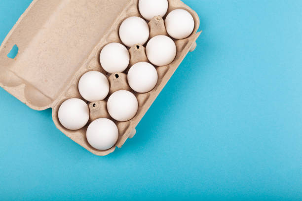 istock Egg Chicken eggs. Top view of an open gray box with white eggs. Isolated on a blue background. The concept of a healthy lifestyle, getting pure protein. Proper Breakfast. Preparing for Easter 1205112497