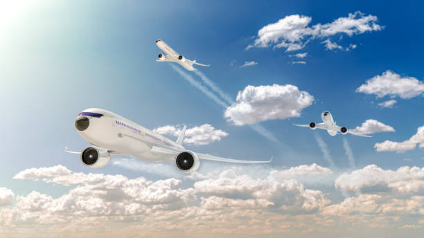 istock Airplane flying in blue sky with clouds. 1205113022