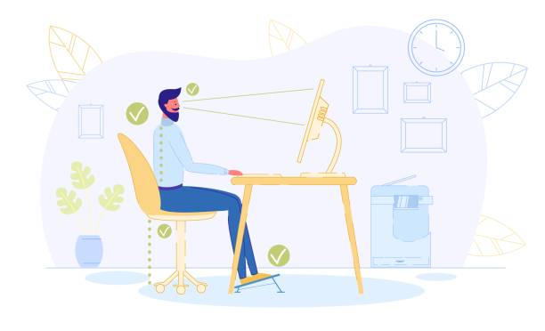 Correct Position to Sit at Table, Healthy Back. Correct Position to Sit at Table Flat Cartoon Vector Illustration. Ergonomic Concept, Right Posture for Healthy Back. Distance between Screen and Eyes, Good Chair Height, Footrest. working designs stock illustrations