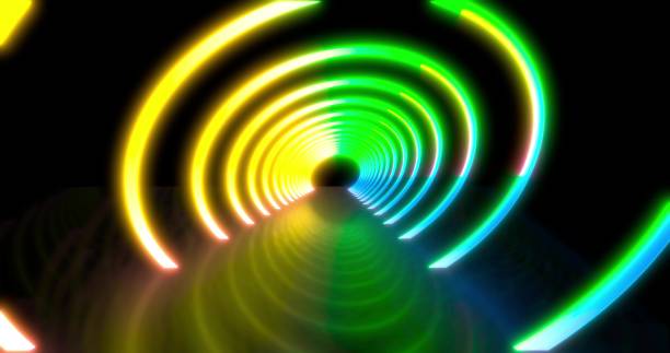 istock Abstract flying in futuristic disco star corridor. background, fluorescent ultraviolet light, blue pink green spectrum, 3D rendering 3D illustration 1205115321