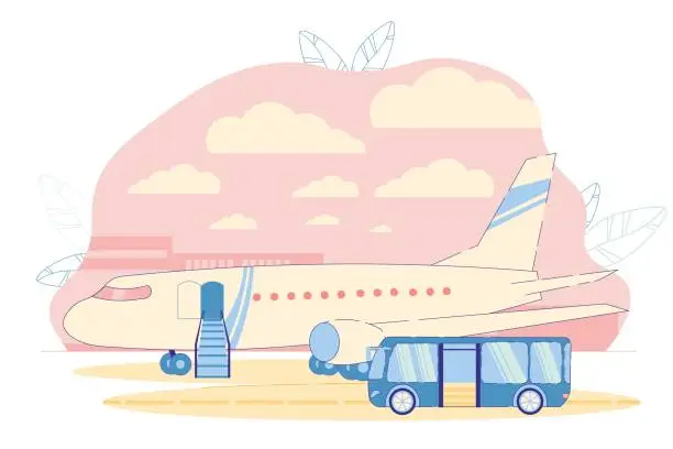Vector illustration of Airport Passengers Bus near Airplane on Airfield.