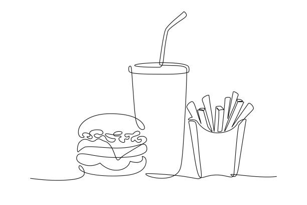 burger, napoje gazowane i frytki na wynos żywności - sandwich burger take out food hamburger stock illustrations