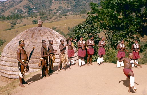 Natal, South Africa, 1975. Bantu villagers at a tribal dance for tourists in Natal.