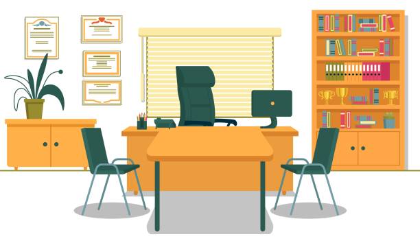 School Principals Office with Necessary Furnishing Office with Necessary Furnishing and Computer on Desk. School Principals Working Place. Table and Two Chairs for Visitors, Teachers, Parents and Students. Shelving with Folders and Gold Champion Cups. school principal stock illustrations