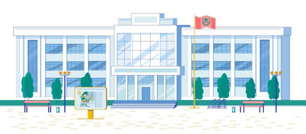 Modern Architecture University or College Facade. Modern Architecture University or College Multi Storey House Facade. Contemporary Major Educational Institution Exterior. Students Campus Administrative Building. Flat Cartoon Vector Illustration. major cities stock illustrations
