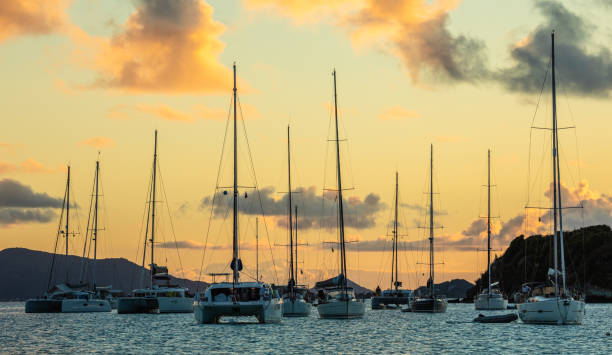 Sunset panorama with lots of parked yachts and catamarans, Tobago Cays, Saint Vincent and the Grenadines, Caribbean sea Sunset panorama with lots of parked yachts and catamarans, Tobago Cays, Saint Vincent and the Grenadines, Caribbean sea tobago cays stock pictures, royalty-free photos & images