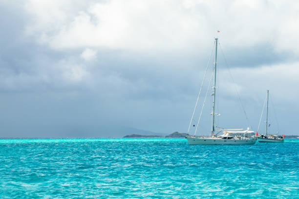 Turquoise sea and anchored yachts, Tobago Cays, Saint Vincent and the Grenadines, Caribbean sea Turquoise sea and anchored yachts, Tobago Cays, Saint Vincent and the Grenadines, Caribbean sea tobago cays stock pictures, royalty-free photos & images
