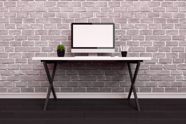 3d rendering of Workplace with Blank Screen Monitor in modern interior, Home office concept. Black and white colors, brick wall.