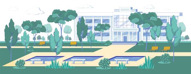 Architecture University Building and Campus Park. Modern Architecture University Building and Campus Park Background. Students Learning or Administrative Building Exterior and Courtyard with Benches and Trees. Flat Cartoon Vector Illustration. major cities stock illustrations