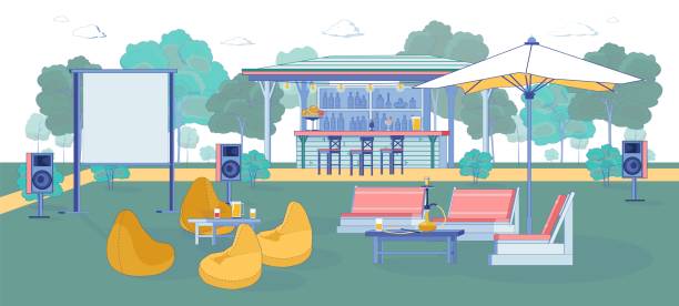 illustrazioni stock, clip art, cartoni animati e icone di tendenza di exterior street cafe bar con musica, illustrazione. - cafe table outdoors speaker