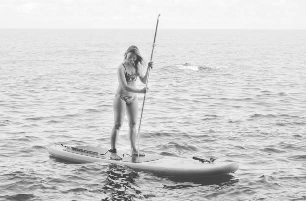 istock SUP Stand up paddle board. Black and white. 1205124201