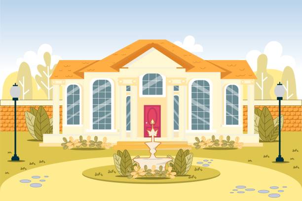 Luxury Expansive Suburb House Exterior Building Luxury Expansive Suburb House Exterior with Columns. Suburban Architectural Building with Lawn on Yard. Fountain, Lanterns. High-Class Real Estate Property Dwelling. Vector Illustration estate stock illustrations