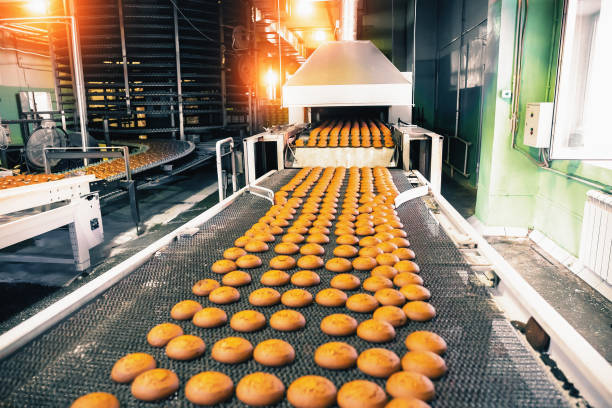 ligne de production de boulangerie avec des biscuits doux sur le tapis roulant dans l’atelier d’usine de confiserie, fabrication de production alimentaire - usine agro alimentaire photos et images de collection