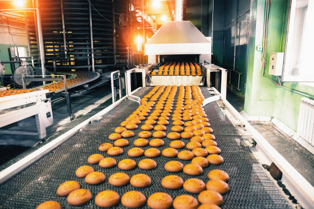 Bakery production line with sweet cookies on conveyor belt in confectionery factory workshop, food production manufacturing Bakery production line with sweet cookies on conveyor belt in confectionery factory workshop, food production manufacturing. food processing plant stock pictures, royalty-free photos & images