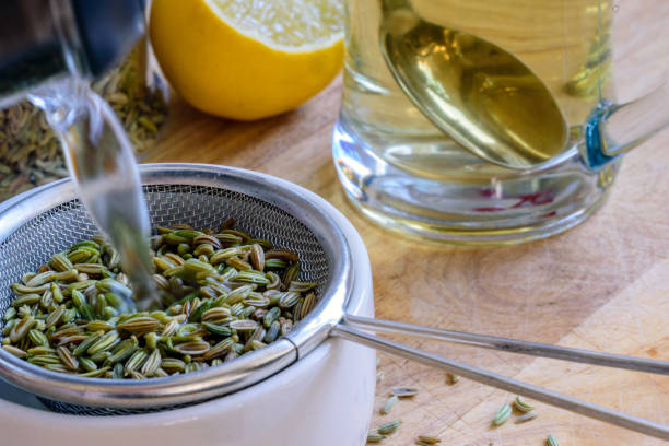 fennel seeds inside sieve being brewed for healthy drink - ingredient fennel food dry imagens e fotografias de stock