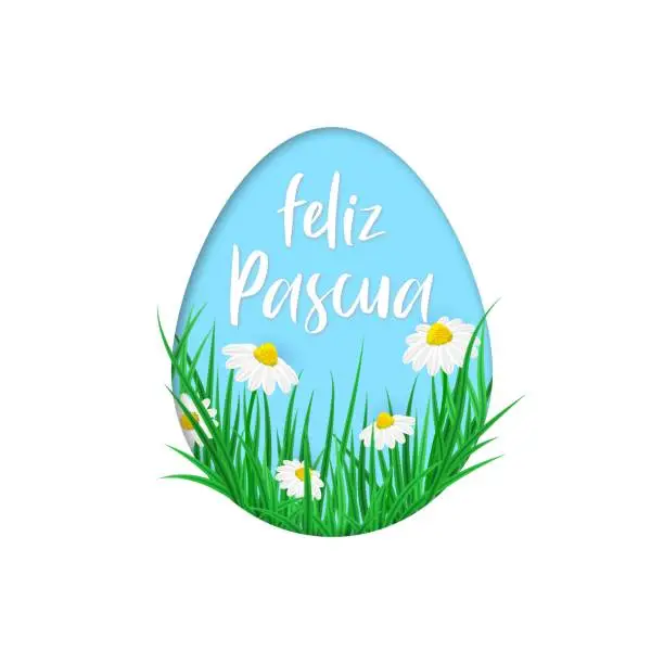 Vector illustration of Vector card Happy Easter in spanish language into egg with flowers.