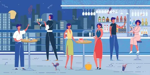 Vector illustration of Rooftop Bar or Nightclub Furnishing and Visitors.