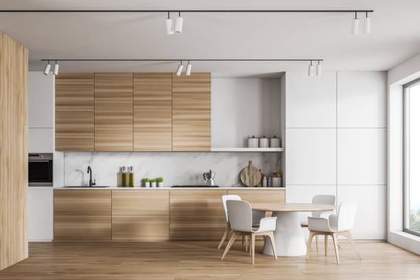 istock White and wood kitchen with counters and bar 1205131461