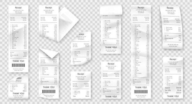 ilustrações, clipart, desenhos animados e ícones de conjunto de recibos de papel isolados em fundo transparente. receita de papel realista, cheque e conta de pagamento impressa em papel térmico enrolado e curvo - caixa registadora