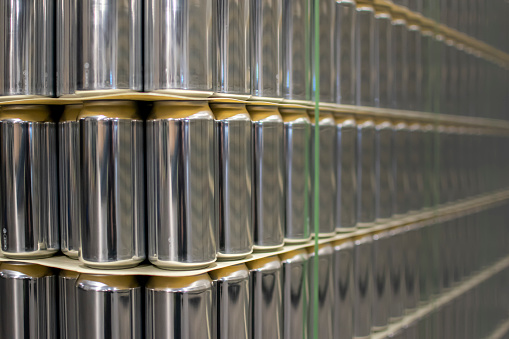 Blank aluminum beer cans all stacked up and ready for shipment