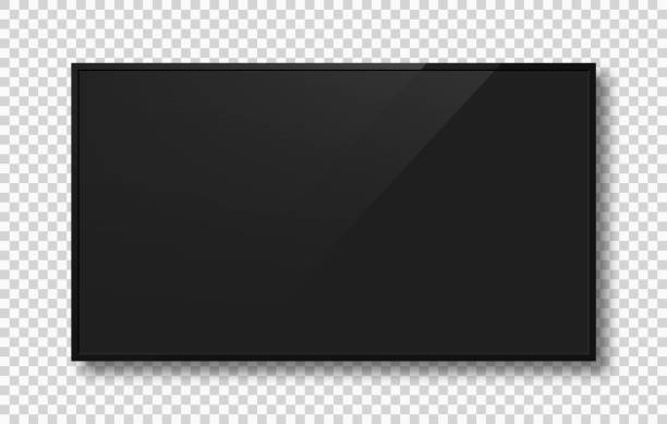 pusty ekran telewizora z czarną ramką. realistyczny ekran monitora, makieta wyświetlacza lcd z odbiciem i cieniem. czarny ekran telewizora izolowany na tle - telewizor stock illustrations