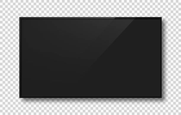 ilustrações, clipart, desenhos animados e ícones de tela de tv vazia com moldura preta. tela de monitor realista, maquete de tela lcd com reflexão e sombra. tela de tv preta isolada em segundo plano - tela do dispositivo