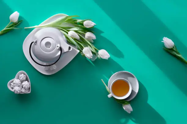Spring geometric flat lay. Tea cup, pot, sweets and white tulips on green. Valentine's day, Mother's day, international women day March 8. Diagonal sunlight, long shadows, trendy top view
