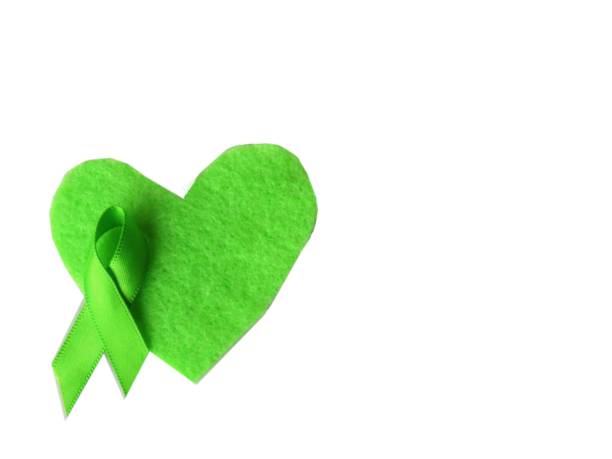 Green ribbon, green heart--Awareness month: Non-Hodgkin lymphoma; mental health Green ribbon, green heart--Awareness month: Non-Hodgkin lymphoma; mental health. White background. Copy Space. Christine Kohler stock pictures, royalty-free photos & images