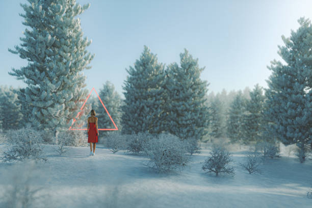 młoda kobieta spacerująca w fantastycznym zimowym krajobrazie - weather time travel locations nature zdjęcia i obrazy z banku zdjęć